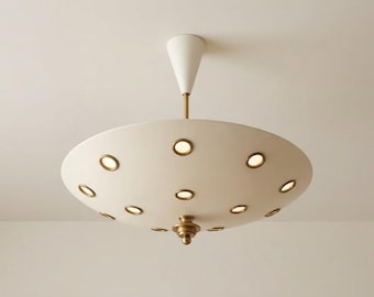 Moderne ufo-kroonluchter uit het midden van de eeuw, messing hanglamp, vintage gouden plafondlamp, handgemaakte lamp