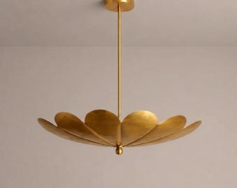 Mid Century Brass Chandelier Modern Petal Ceiling Light Floral Flush Mount Vintage Style Lighting