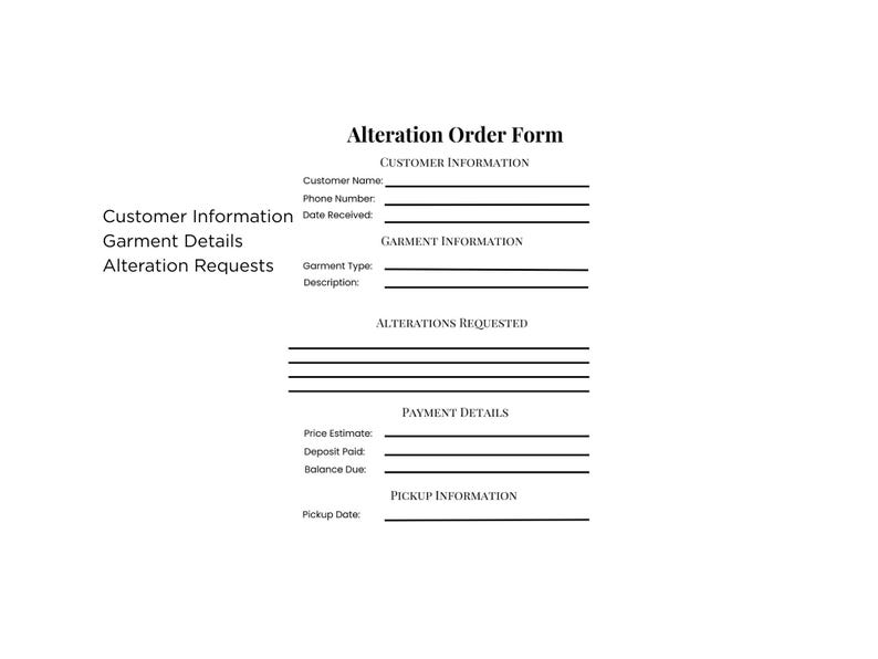 Queen Anne Lace Alteration Order Form ,printable, Sewing Order Form ...