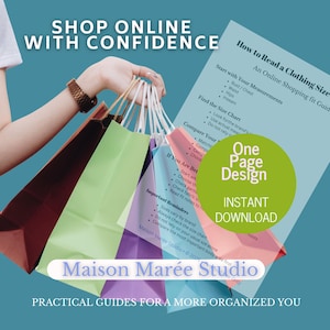以下が含まれることがあります： How to Read a Clothing Size Chartというタイトルのデジタルガイド。Shop Online With Confidence、One Page Design、Instant Download、Maison Marée Studioというテキストが含まれています。バスト、ウエスト、ヒップ、股下の測定方法に関する説明が記載されています。
