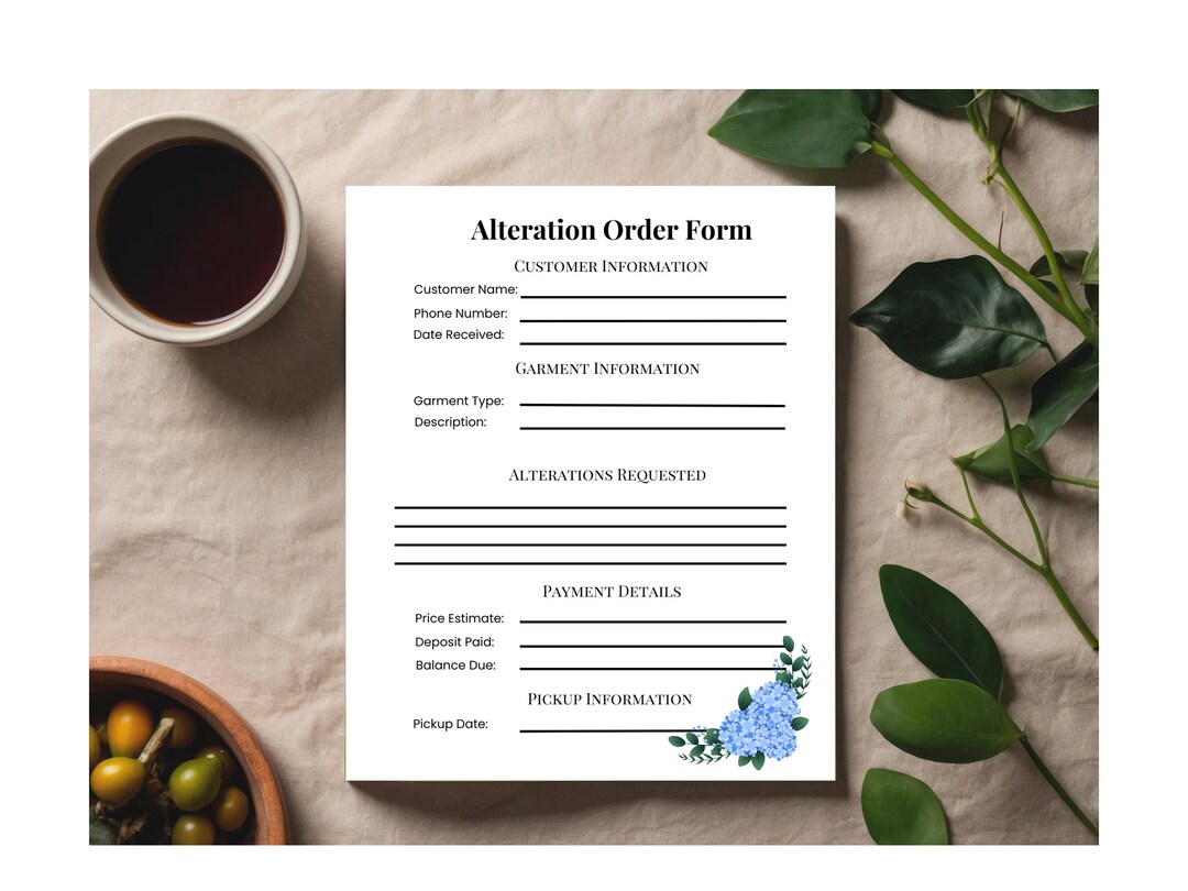 Hydrangea Printable Alteration Order Form for Tailors, Seamstresses ...
