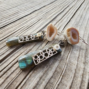 Labradorite, Agate/geode/druzy, Puka shells, and Sterling Silver dangle earrings