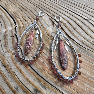 Leopard Skin Jasper long teardrop with Pink Tourmaline and Sterling Silver Hoop dangle earrings
