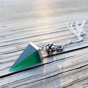 Green Onyx 3D 4 sided point and Sterling Silver chain