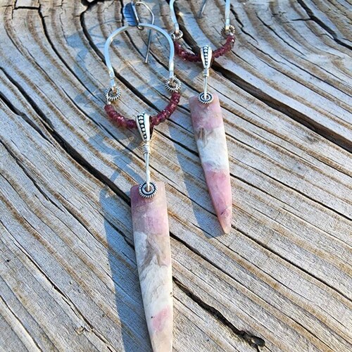 Pink Tourmaline in Quartz spikes, Pink Tourmaline and Sterling shops Silver Hoop earrings, fine silver leaf ear wires.