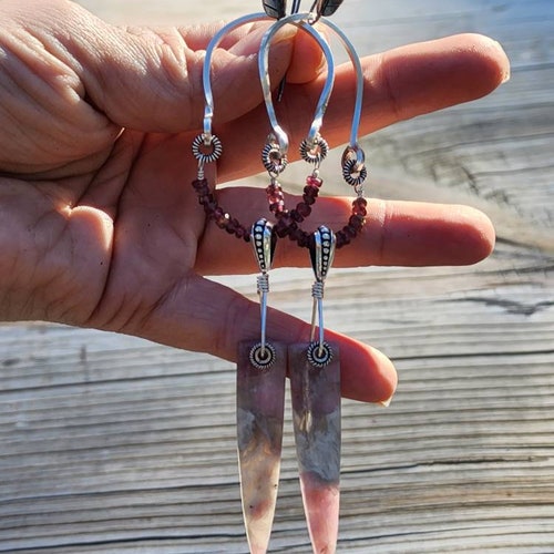 Pink Tourmaline in Quartz spikes, Pink Tourmaline and Sterling shops Silver Hoop earrings, fine silver leaf ear wires.