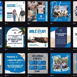 May include: A collection of square graphics with a blue and white color scheme. The graphics promote church events, including Easter Sunday, Good Friday, Bible study, and youth game night. Some graphics feature text and images of people.