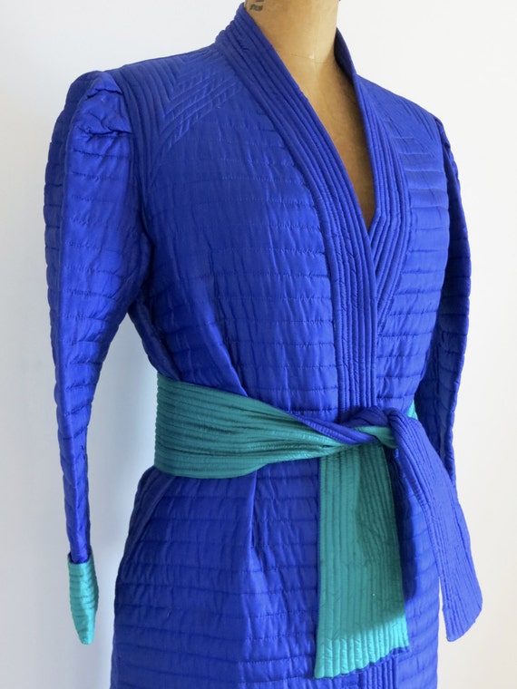 Vintage 80s Reversible Quilted Silk Robe/2 Tones S