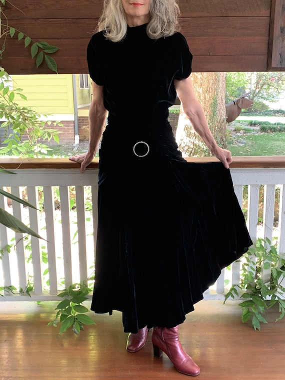 70s Black Velvet Evening Dress/Vintage Bohemian Bl