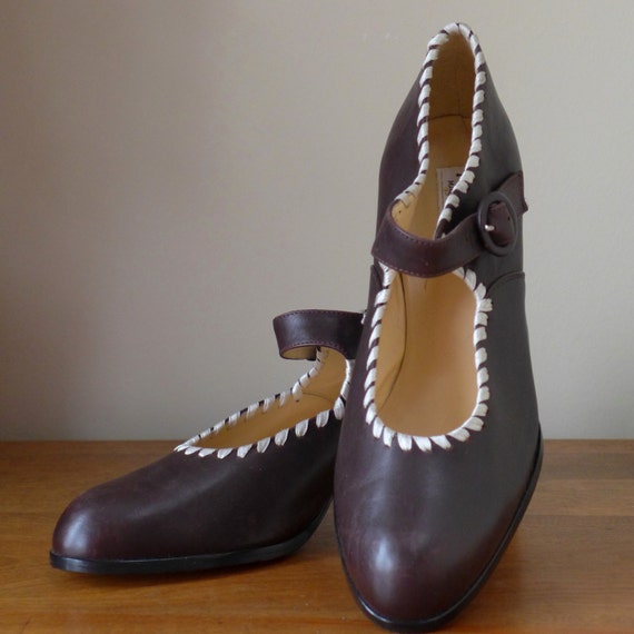 Vintage 80s Brown Leather Mary Jane Shoes Made in