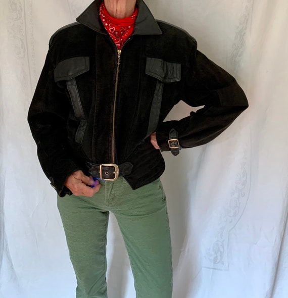 Vintage 90s unique black suede bomber jacket/80s b