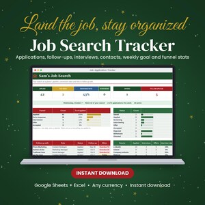Hoja de cálculo para el seguimiento de solicitudes de empleo, organizador de búsqueda de empleo, registro de entrevistas, registro de seguimiento, planificador de carrera con objetivos semanales.