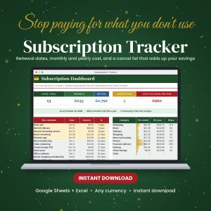 May include: A digital subscription tracker dashboard displayed on a laptop screen. The interface features tables for active trials, monthly and yearly costs, renewal dates, and a cancel list. Text includes Stop paying for what you don't use.