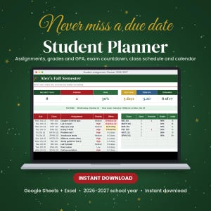 May include: A digital student planner displayed on a laptop screen, titled Alex's Fall Semester. The interface includes sections for assignments, grades, GPA, and exam countdowns, with columns for due dates, class names, and priority levels for the 2026-2027 school year.