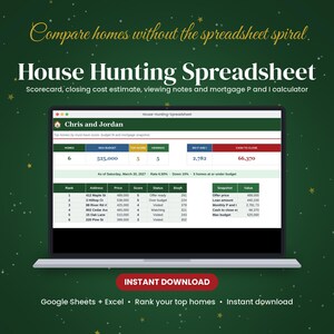 House Hunting Spreadsheet, Home Comparison Scorecard, Closing Cost Estimator, Mortgage Payment Calculator