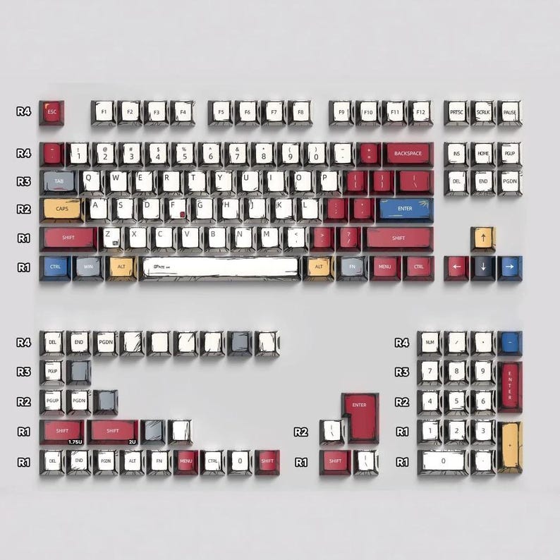 May include: A set of mechanical keyboard keycaps in various colours, including red, blue, yellow, and white. The keycaps are arranged in rows and columns, with function keys and letters visible. The layout is designed for a standard keyboard.