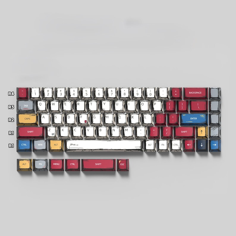 May include: A mechanical keyboard with a distinctive design. The keycaps are a mix of colours including red, white, blue, and grey. The keyboard layout includes standard keys, function keys, and arrow keys. The keys have a stylized, artistic appearance.