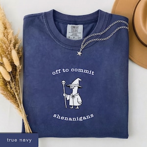 May include: A navy blue t-shirt featuring the phrase "off to commit shenanigans" and a cartoon wizard duck. The shirt has a crew neck and short sleeves. A silver necklace with a star pendant is on the shirt. The shirt is a size small.