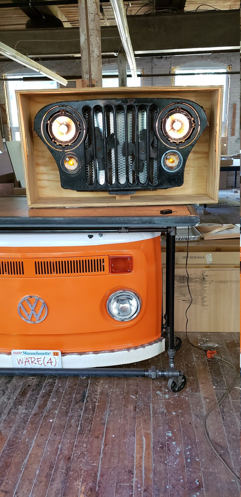 Classic Vintage Salvaged Jeep Grille in A Cratelike Shadow Box Wall