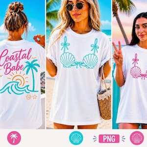 May include: White t-shirts with beach-themed designs. One shirt features a pink and teal graphic of a seashell bra, another has a "Coastal Babe" design with a palm tree, sun, and waves. The third shirt has a pink seashell bra design.