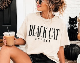 Black Cat Energy PNG | Halloween Vintage Distressed Retro Typography | Trendy Fall Shirt Design | Commercial Use Sublimation PNG