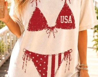 USA Bikini PNG, Distressed Red Bow, 4th of July Summer Shirt Graphic (Digital Download)