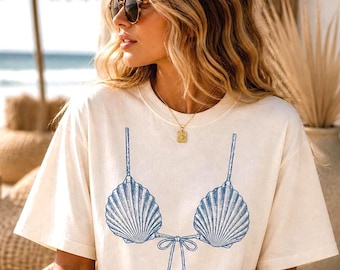 Seashell Bikini Top PNG, Coastal Summer Beach Graphic Tee Design (Digital Download)