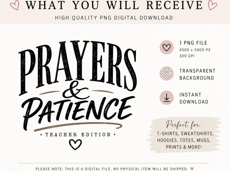 May include: A digital graphic design featuring the black text PRAYERS & PATIENCE TEACHER EDITION with heart icons. The image includes technical specifications such as 4500 x 5400 px, 300 DPI, transparent background, and instant download information.