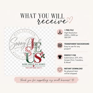 May include: A digital graphic file featuring the word JESUS in red and green plaid lettering, accented with a small red cross and holly leaves. Below the text, it reads NAME ABOVE ALL NAMES and PHILIPPIANS 2:9-11. The file is 4500 x 5400 px.