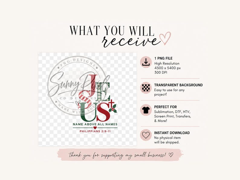 May include: A digital graphic file featuring the word JESUS in red and green plaid lettering, accented with a small red cross and holly leaves. Below the text, it reads NAME ABOVE ALL NAMES and PHILIPPIANS 2:9-11. The file is 4500 x 5400 px.