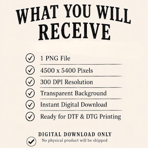 K&ouml;nnte beinhalten: Eine digitale Informationsgrafik mit der &Uuml;berschrift WHAT YOU WILL RECEIVE in schwarzem Text. Sie listet Spezifikationen auf, darunter 1 PNG File, 4500 x 5400 Pixels, 300 DPI Resolution, Transparent Background, Instant Digital Download und Ready for DTF & DTG Printing.