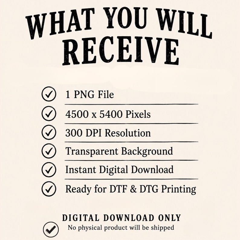 K&ouml;nnte beinhalten: Eine digitale Informationsgrafik mit der &Uuml;berschrift WHAT YOU WILL RECEIVE in schwarzem Text. Sie listet Spezifikationen auf, darunter 1 PNG File, 4500 x 5400 Pixels, 300 DPI Resolution, Transparent Background, Instant Digital Download und Ready for DTF & DTG Printing.