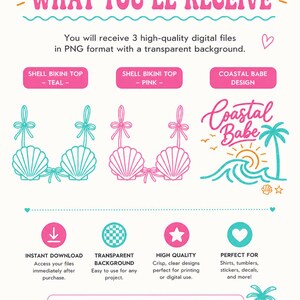 May include: Digital design graphic featuring teal and pink shell bikini tops and a "Coastal Babe" design. The image includes the text "What You'll Receive" and details about instant downloads, transparent backgrounds, and high-quality designs.