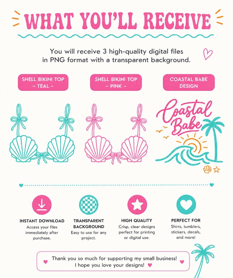 May include: Digital design graphic featuring teal and pink shell bikini tops and a "Coastal Babe" design. The image includes the text "What You'll Receive" and details about instant downloads, transparent backgrounds, and high-quality designs.