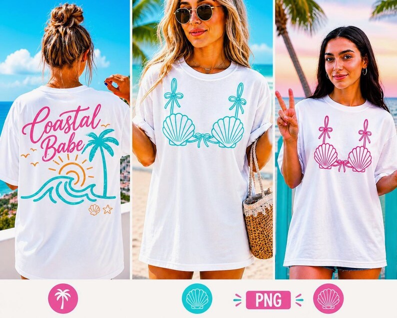 May include: White t-shirts with beach-themed designs. One shirt features a pink and teal graphic of a seashell bra, another has a "Coastal Babe" design with a palm tree, sun, and waves. The third shirt has a pink seashell bra design.