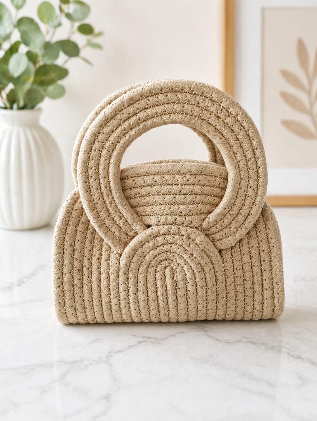 Mini Macrame Handbag, Round Handle Boho Bag, Handmade Cotton Rope Purse, Minimalist Summer Tote, Neutral Woven Bag