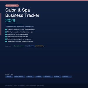 May include: Digital download for a Salon & Spa Business Tracker for 2026. The dark blue digital document includes 7 tabs for tracking clients, services, and finances. It works with Microsoft Excel, Google Sheets, and Mac Numbers.