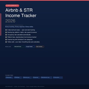 Airbnb & Short-Term Rental Income Tracker 2026 | STR Host | Revenue | Excel Google Sheets