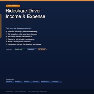 May include: Digital download for Rideshare Driver Income & Expense. Features include trip logs, expense tracking, and income summaries. Compatible with Microsoft Excel, Google Sheets, and Mac Numbers. Includes 6 tabs for easy tracking.