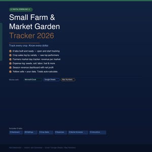Pode incluir: Download digital para um Small Farm & Market Garden Tracker 2026. O gráfico azul inclui texto que descreve recursos como rastreamento de culturas, registros de vendas e rastreamento de despesas. Compatível com Microsoft Excel, Google Sheets e Mac Numbers.
