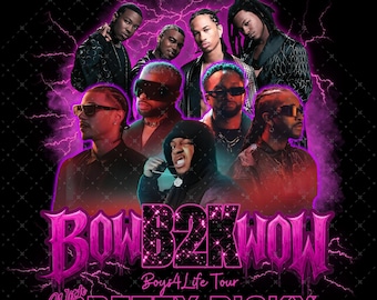May include: A promotional graphic for the "Bow B2K Wow Boys4Life Tour" featuring multiple male figures. The design is predominantly black and purple, with the tour name in a stylized, sparkling font. The words "With Pretty Ricky" are also included.