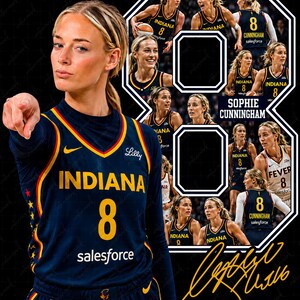 Puede incluir: Un collage deportivo conmemorativo que muestra a Sophie Cunningham con la camiseta de Indiana Fever con el número 8. El diseño incluye varias fotos de acción, un número 8 grande, el texto Sophie Cunningham y una firma dorada.