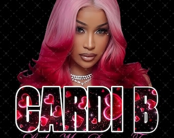 May include: Image of Cardi B with pink and red hair, wearing a diamond necklace. The image features the text "CARDI B" with heart accents and "Little Miss Drama Tour" on a black background.