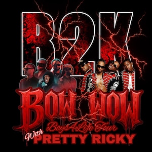 May include: Black graphic tee with the text "B2K" in white and a red lightning design. The tee also includes the text "BOW WOW" and "Boys A Life Tour PRETTY RICKY" in red, with images of several people.