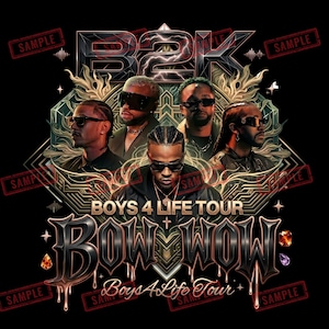 Pode incluir: Gráfico preto com o texto "B2K" e "BOW WOW" com as palavras "BOYS 4 LIFE TOUR". A imagem inclui retratos de cinco homens usando óculos de sol. Elementos decorativos incluem pedras preciosas e um design de placa de circuito.