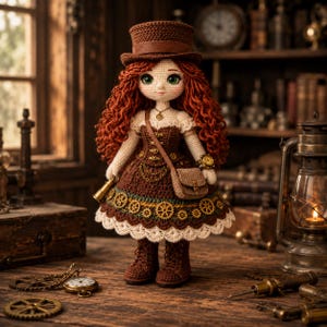 May include: A crocheted doll with long curly red hair wearing a brown top hat, a brown dress with gear motifs, and brown boots. The doll features a crossbody bag, a small necklace, and a wrist watch, all crafted in a detailed yarn construction.