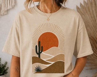 Boho Desert Sunset Shirt, Retro Sun Graphic Tee, Minimal Aesthetic T-Shirt, Vintage Desert Landscape Shirt,  Gift for Her