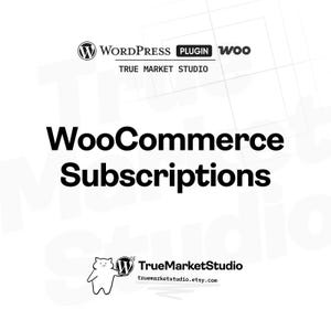 K&ouml;nnte beinhalten: Schwarz-wei&szlig;e Grafik, die f&uuml;r WooCommerce-Abonnements wirbt. Die WordPress- und WooCommerce-Logos befinden sich oben, darunter "True Market Studio". Der Text "WooCommerce Subscriptions" ist fett gedruckt. Eine Cartoon-Katze h&auml;lt ein WooCommerce-Logo.