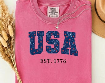 Comfort Colors® T-Shirt, USA Flag Shirt, America 250th Anniversary Tee, Patriotic Gift, 4th of July, Independence Day Top, fireworks, night