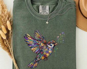 Comfort Colors® Floral Hummingbird Shirt ,Animal Lover Tee, Bird T Shirts, Trendy Tee, Gift For Her, Bird Lover T-Shirt, Spring Birds,Flower